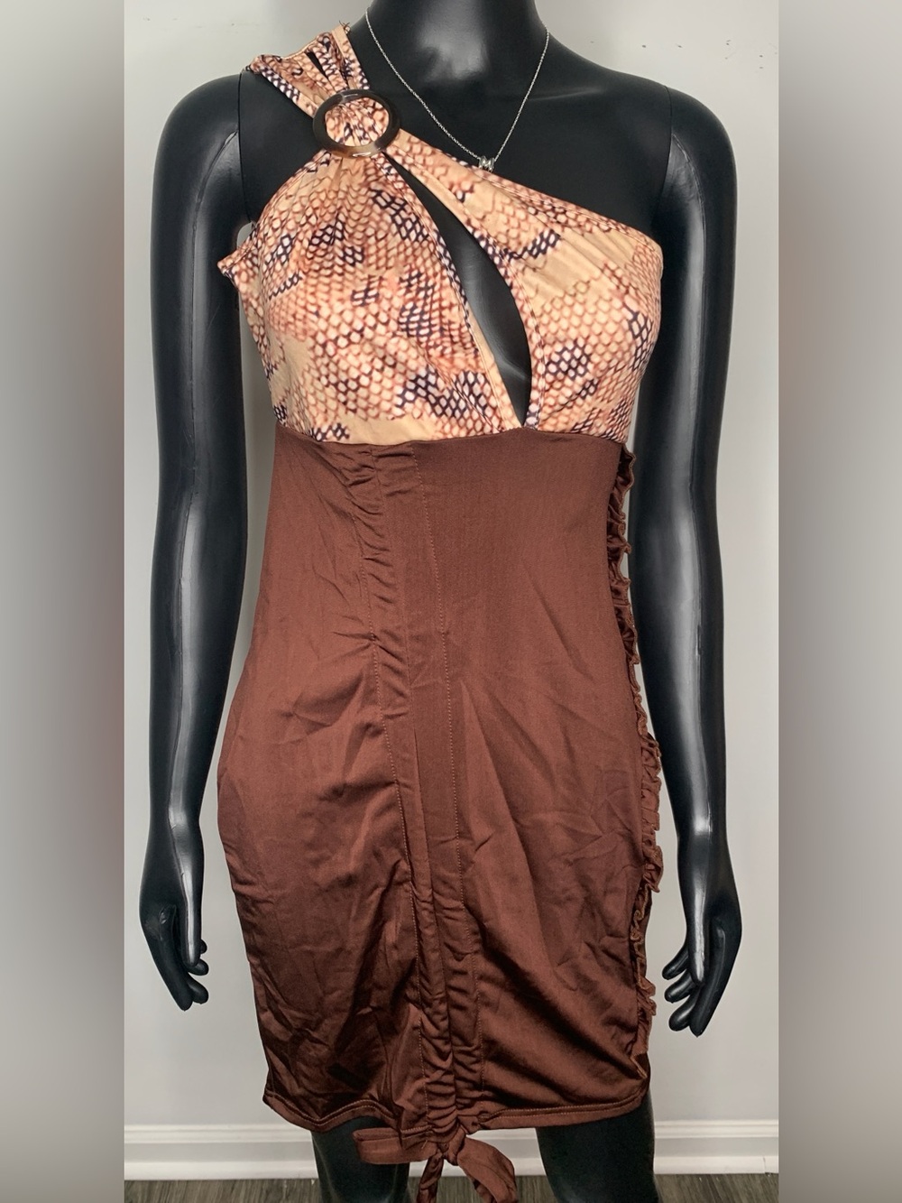 One-Shoulder Snake Print Top with Brown Bottom Dress